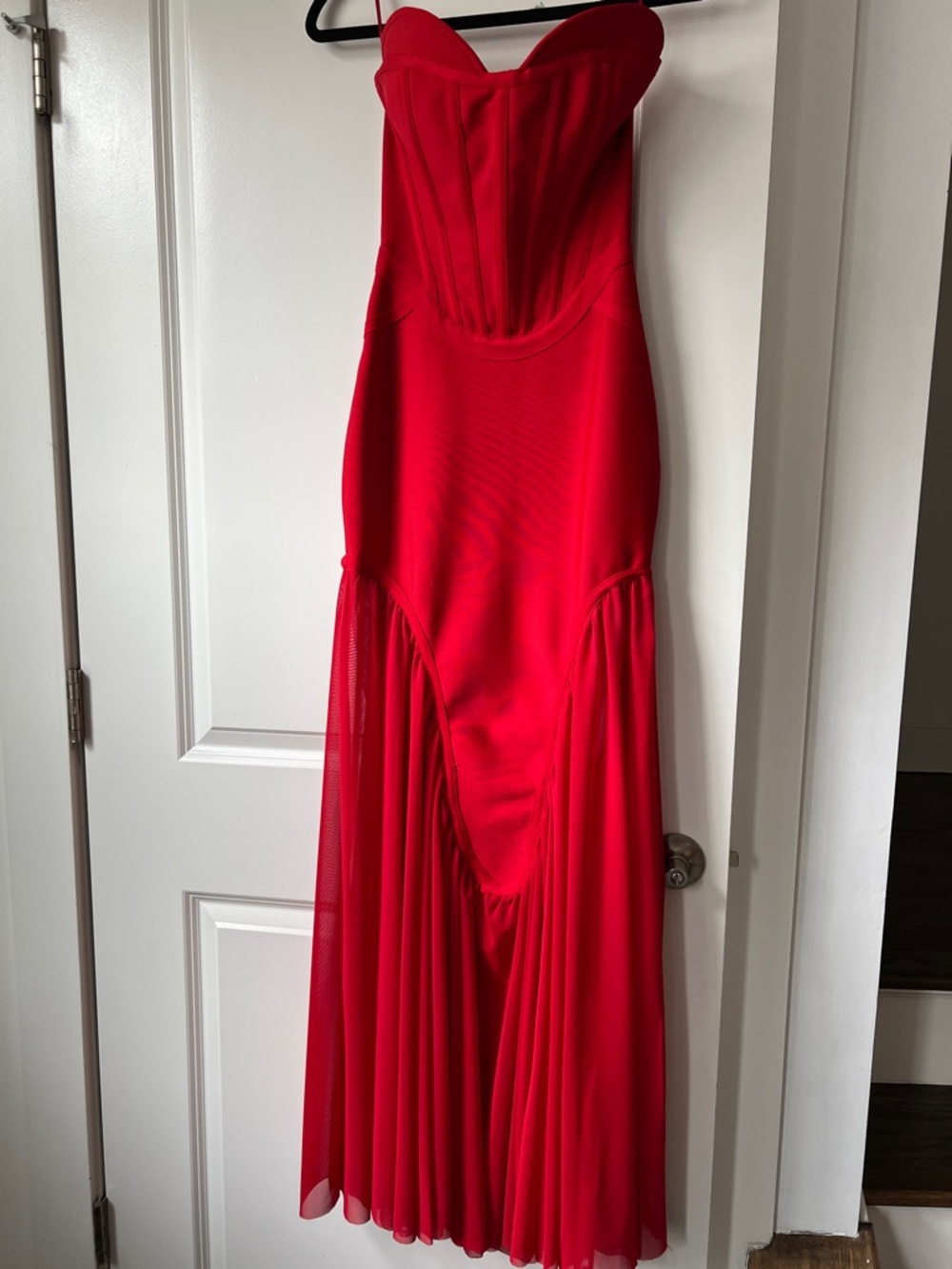 Strapless Red Bodycon Gown with flowing bottom
